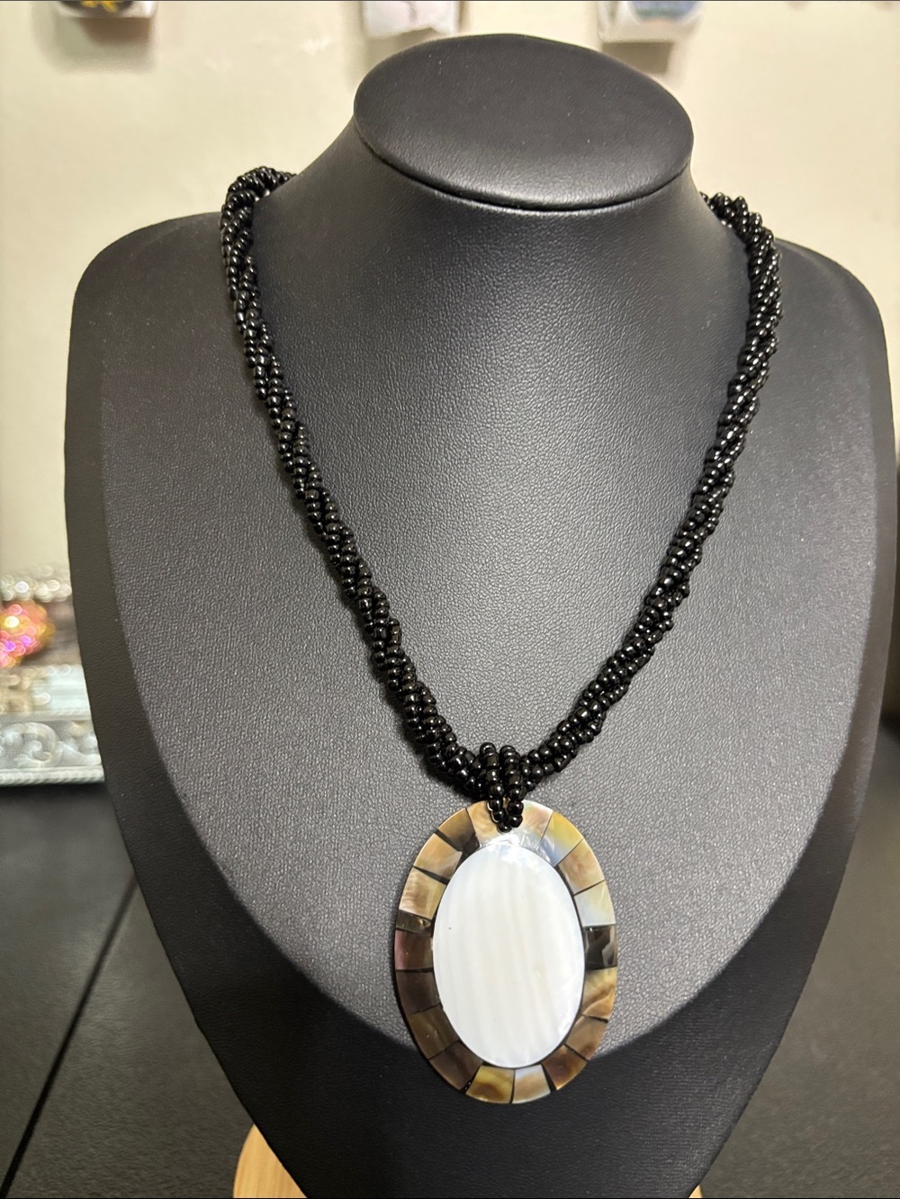 Elegant Black Glass Beaded Boho Necklace Mother-of-Pearl Pendant